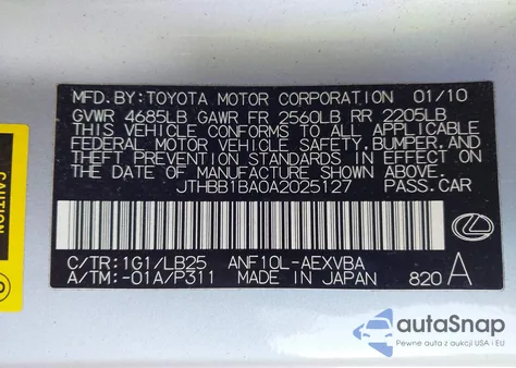 2010 Lexus Hs 250H z USA, uszkodzony, nr VIN JTHBB1BA0A2025127